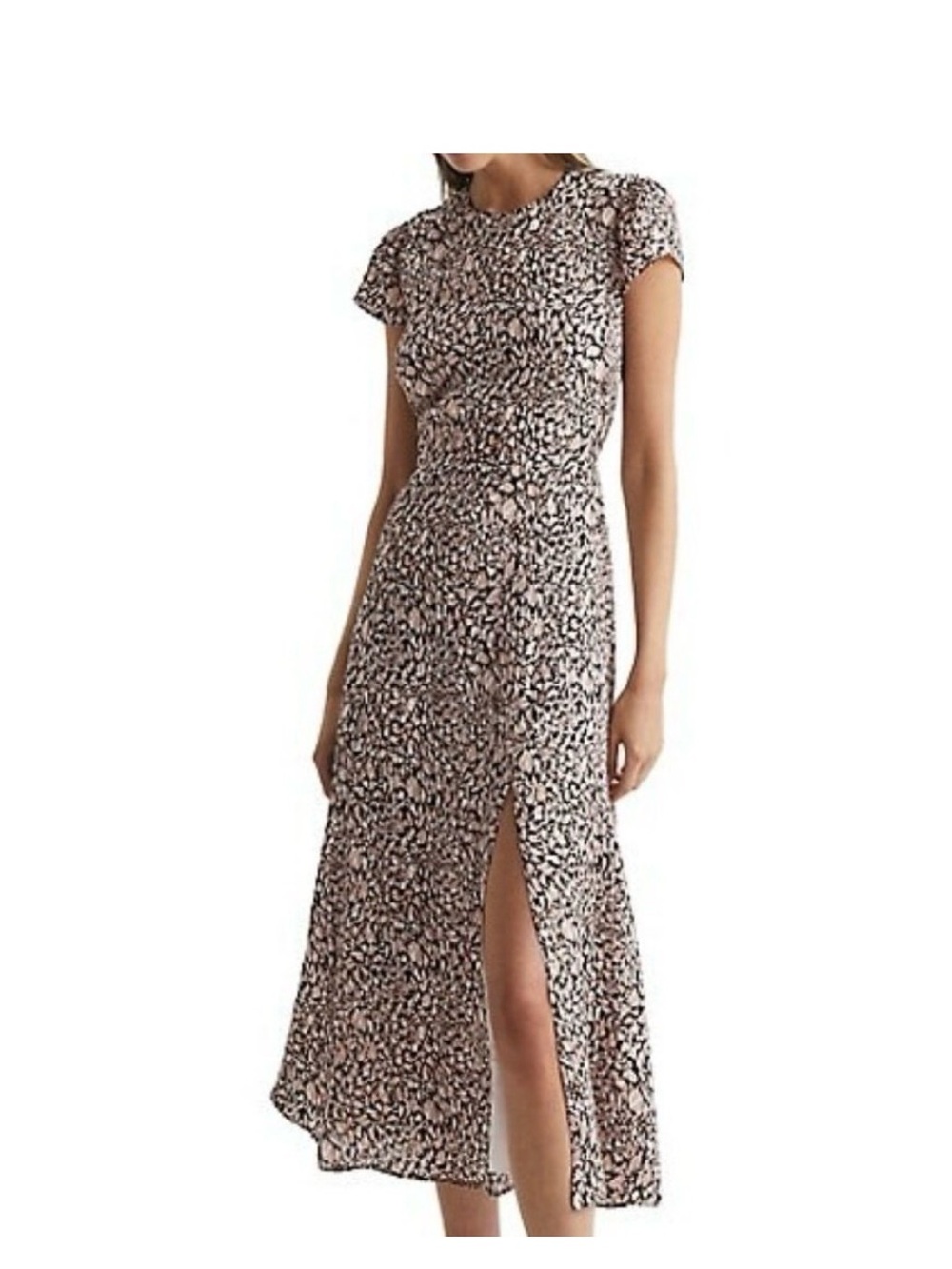 Reiss Beige and Black Floral Midi Dress with Front Slit